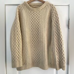 Vintage Handmade Cream Cable Knit Wool Fisherman Sweater - L